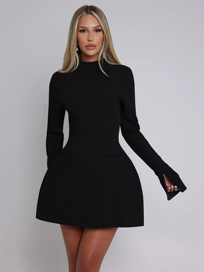 Women's Mini Dress - Fitted A-Line - Mock Neck - Long Sleeve Elegant Style