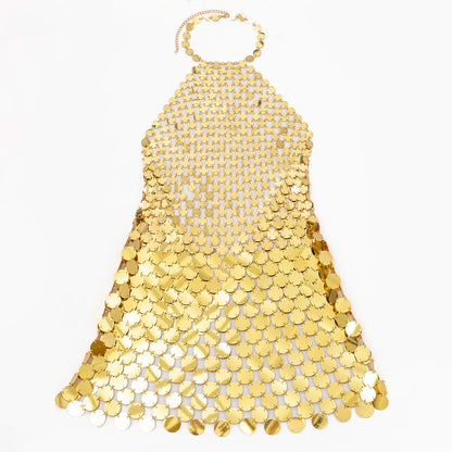 Women's Metallic Mesh Halter Mini Dress - Chainmail Design - Sleeveless Party Wear