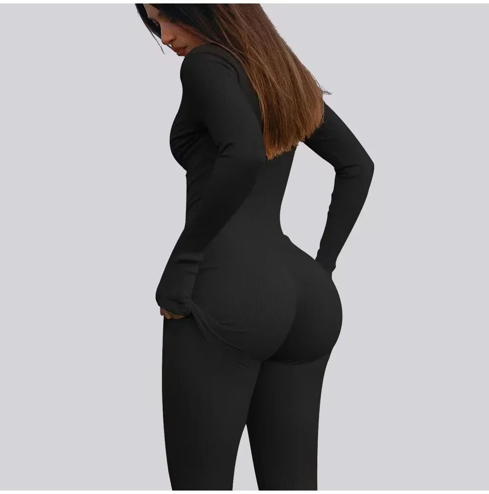 Women's Jumpsuit - Form-Fitting Stretch Fabric - Long Sleeve Zip Front - Casual Wear