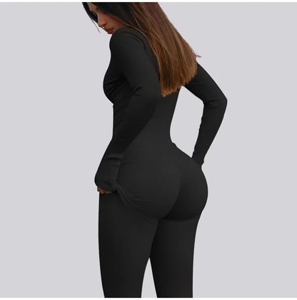 Women's Jumpsuit - Form-Fitting Stretch Fabric - Long Sleeve Zip Front - Casual Wear