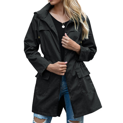Women's casual hooded jacket with waist drawstring and pockets