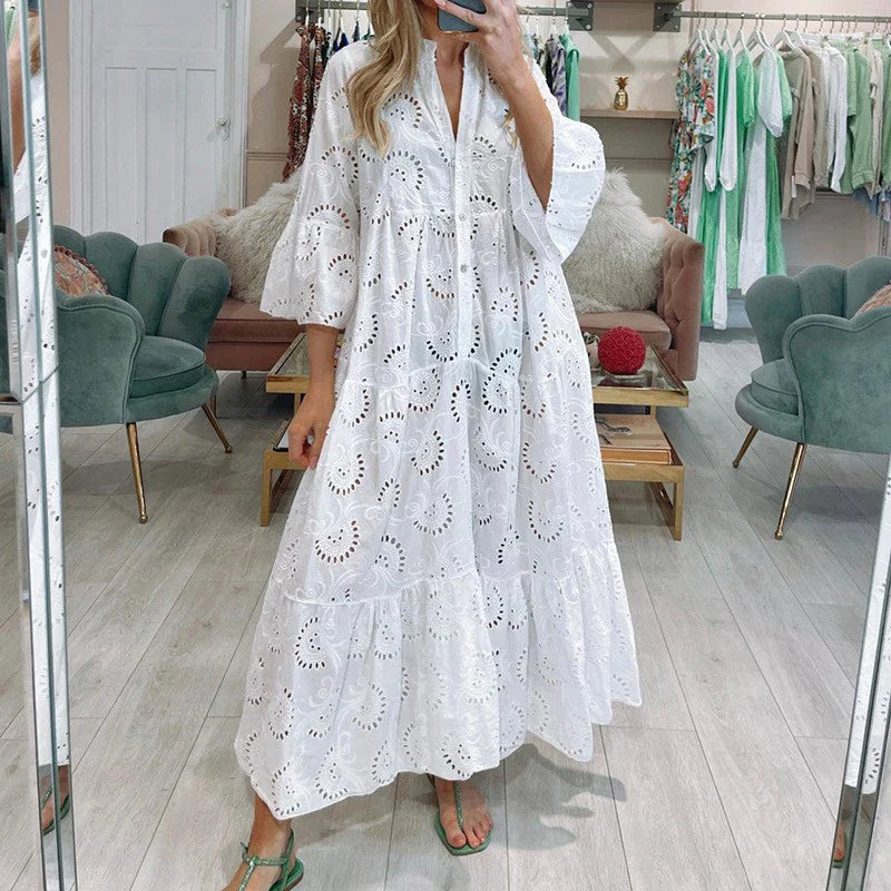 Women's Maxi Dress - Eyelet Lace - V-Neck - 3/4 Sleeve - Flowing Tiered Hem