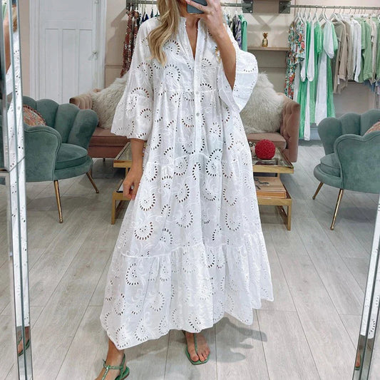 Eyelet Lace Flowing Tiered Hem Maxi Dress