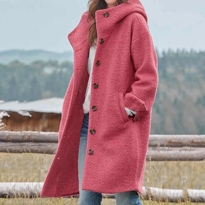Women’s Long Coat - Oversized Fit - Button-Front - Textured Fabric - Wide Notched Collar