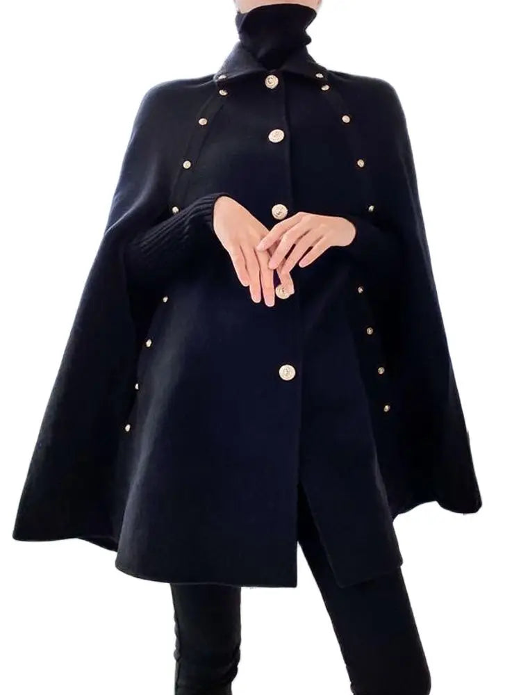 Vintage black cape shawl coat for women with golden buttons