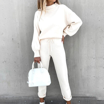 Women’s Loungewear Set - Soft Knit - Relaxed Fit Top & High-Waist Joggers - Balloon Sleeves