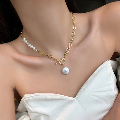 Women's Necklace - Chain Link & Pearl Design - Toggle Clasp Statement Jewelry