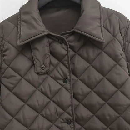 Women’s Quilted Jacket – Relaxed Fit – Mid-Length – Diamond Pattern – Shirt Collar