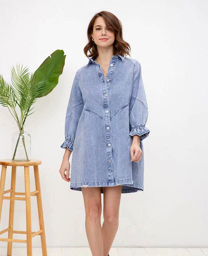 Women's Denim Shirt Dress - Relaxed Fit - Button Down - Three-Quarter Puff Sleeves