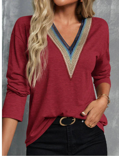 Women's V-Neck Blouse - Embellished Neckline - Long Sleeve Stretchy Casual Fit