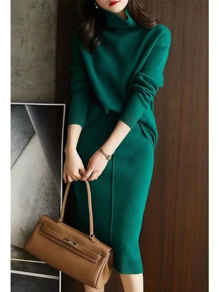 Women's autumn high neck knit two-piece set