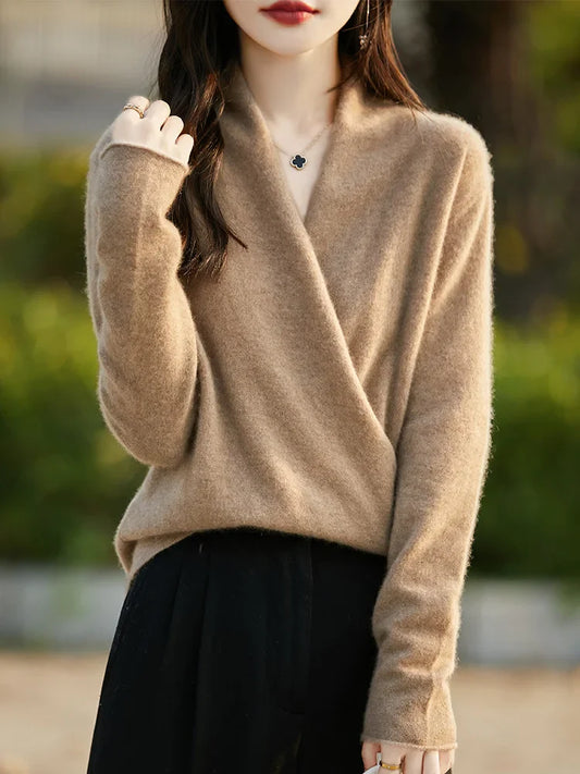 Wool Knit Relaxed Fit Wrap Pullover Sweater 