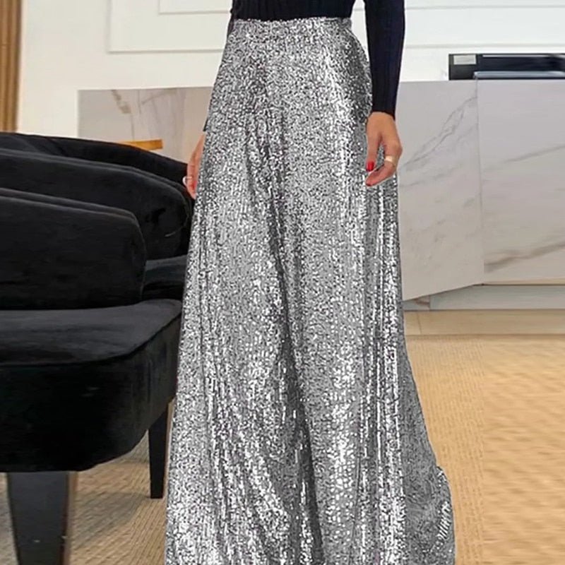 Women’s Wide-Leg Sequin Pants – High-Waisted – Glamorous Fit – Evening Party Wear