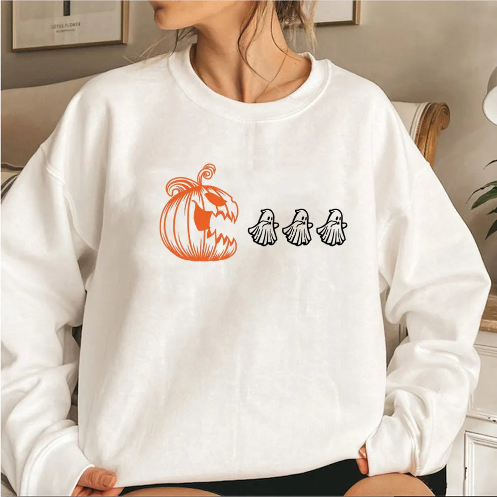 Women's loose fit hooded sweatshirt with pumpkin print