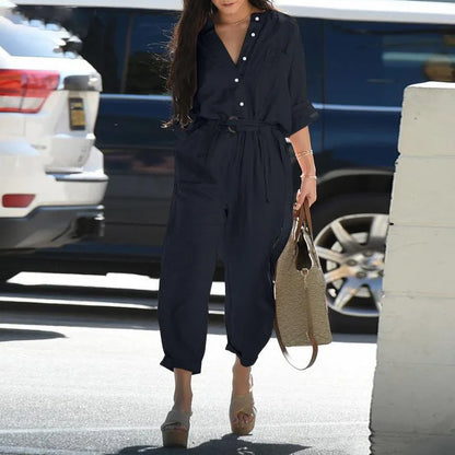 Women's Utility Jumpsuit - Cotton Blend - Long Sleeve - Belted Waist - Full Length