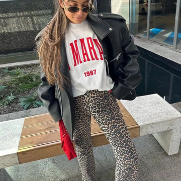 Leopard print wide-leg trousers loose fit straight cut for women