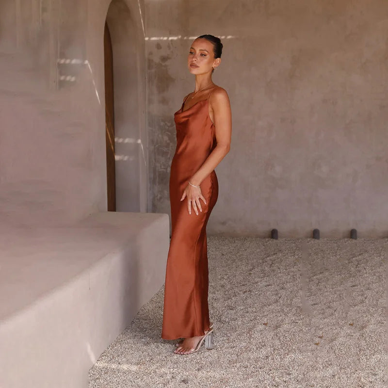 Women's Satin Slip Dress - Cowl Neck - Spaghetti Straps - Full-Length Elegant Fit