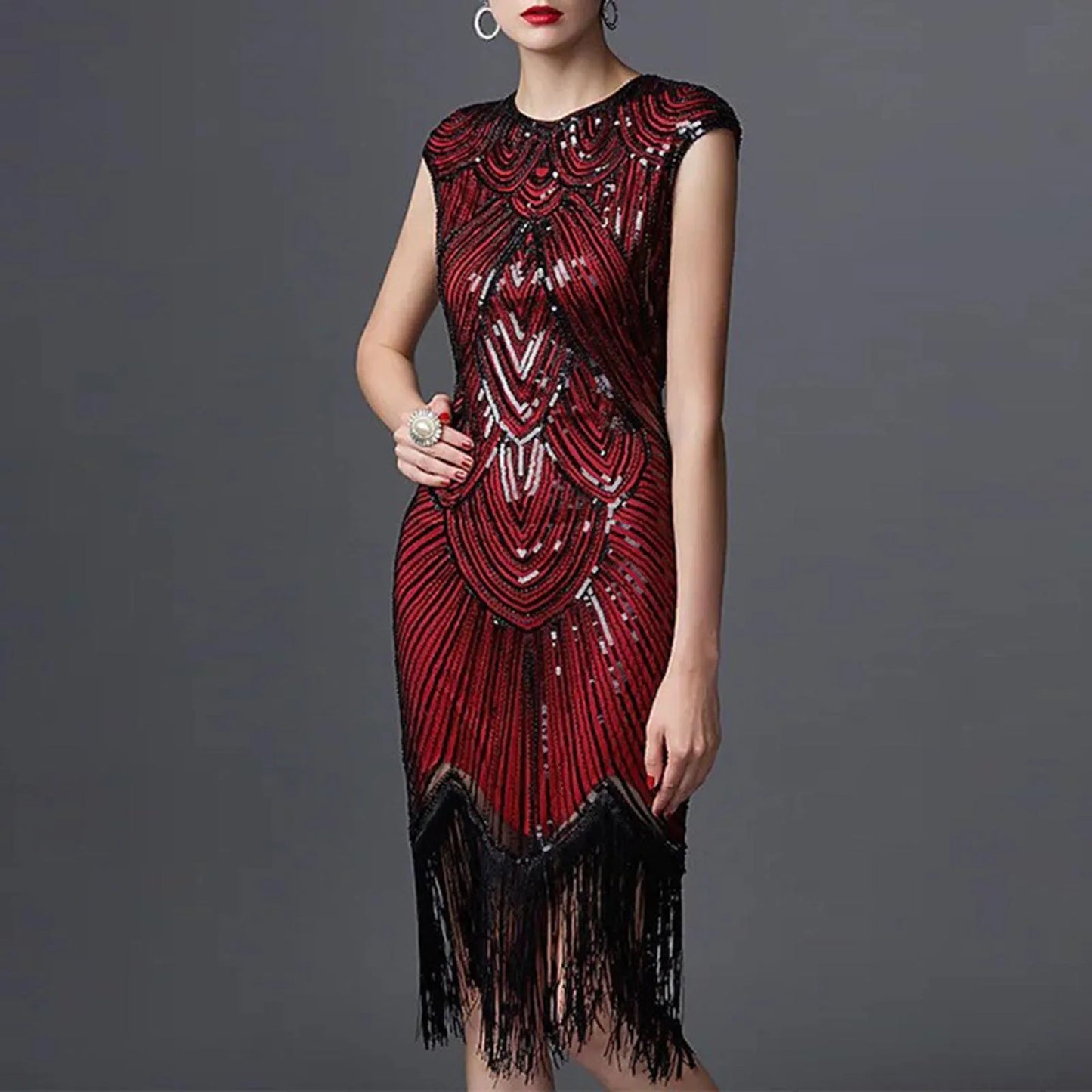 Women's Evening Dress - Vintage 1920s Flapper Style - Beaded Fringe - Elegant Party Wear