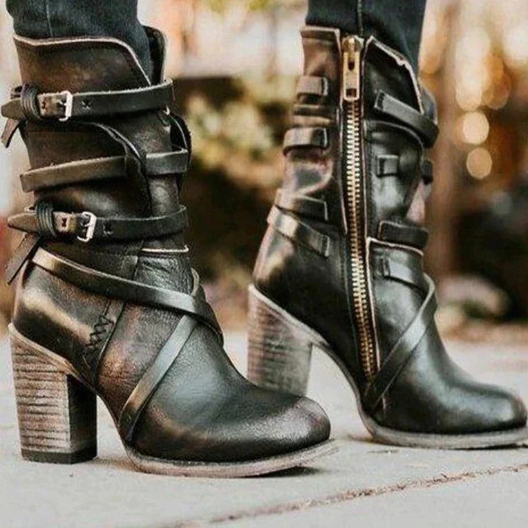 Women's retro leather boots with belt buckle design