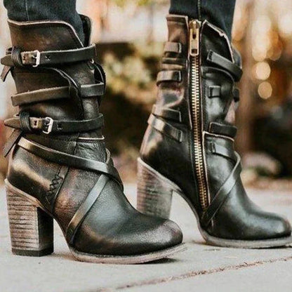 Women's retro leather boots with belt buckle design