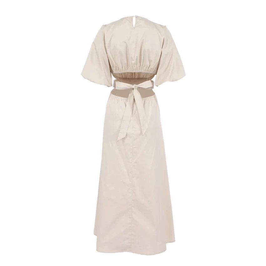 Women's Midi Dress - Puff Sleeve - Cut-Out Waist - A-Line Flowy Silhouette