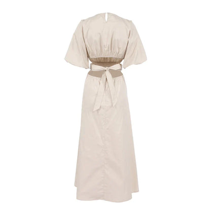 Women's Midi Dress - Puff Sleeve - Cut-Out Waist - A-Line Flowy Silhouette