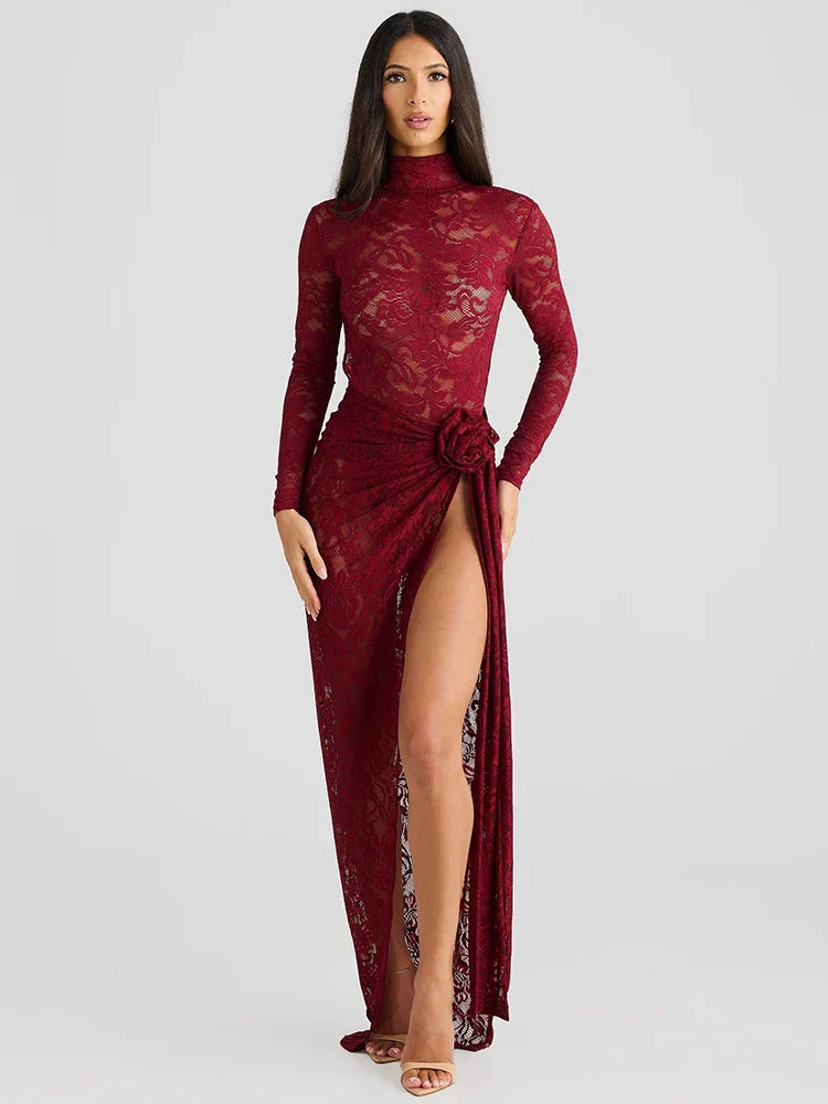 Women’s Slip Dress – Lace Bodycon Fit – High Neck – Long Sleeve – Thigh Slit – Floral Applique