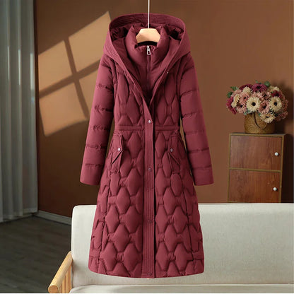 Women’s Long Quilted Jacket – Fitted Waist – Padded Insulation – Hooded – Snap Closure