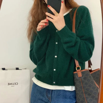 Women’s Cardigan Sweater – Soft Wool Blend – Relaxed Fit – Crew Neck – Button-Up Front