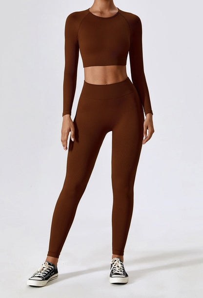 Women's Ribbed Knit Two-Piece Set - Long Sleeve Crop Top & High-Waisted Leggings