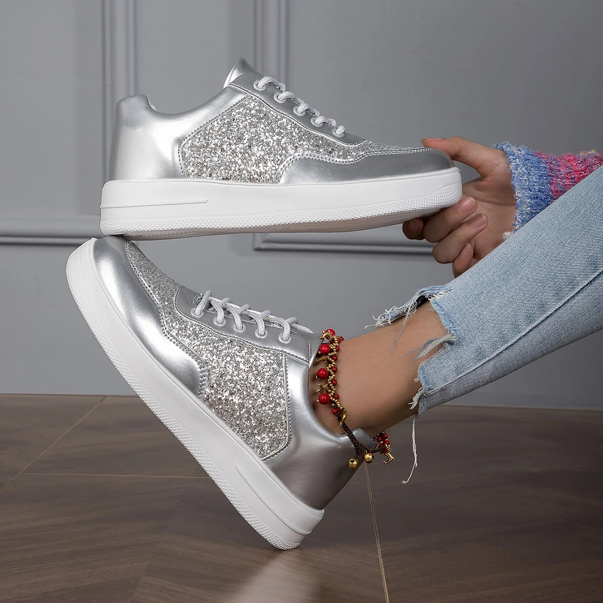 Women's Sneakers - Chunky Sole - Glitter Panel - Lace-Up Fashion Casual Shoes