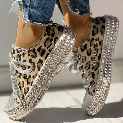 Women's Platform Sneakers - Animal Print - Metallic Toe Cap - Lace-Up Stylish Design