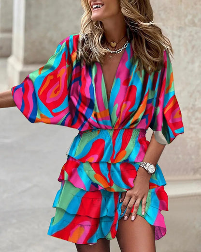 Women's V-Neck Wrap Dress - Tiered Ruffle Skirt - Elbow-Length Sleeves - Relaxed Fit