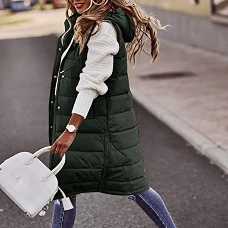 Women's long hooded vest down quilted sleeveless lightweight winter jacket