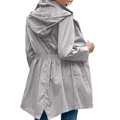 Women's casual hooded jacket with waist drawstring and pockets