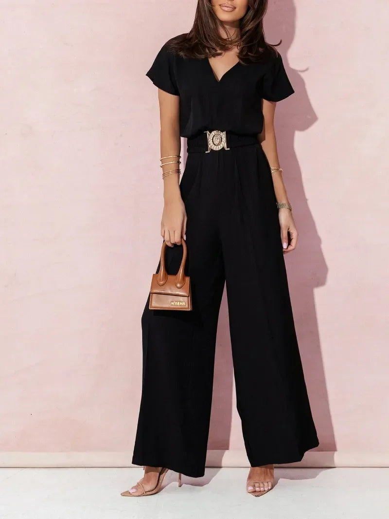 Women's Wide-Leg Jumpsuit - V-Neck Short Sleeve - Cinched Waist with Belt
