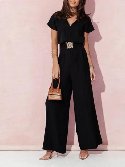 Women's Wide-Leg Jumpsuit - V-Neck Short Sleeve - Cinched Waist with Belt