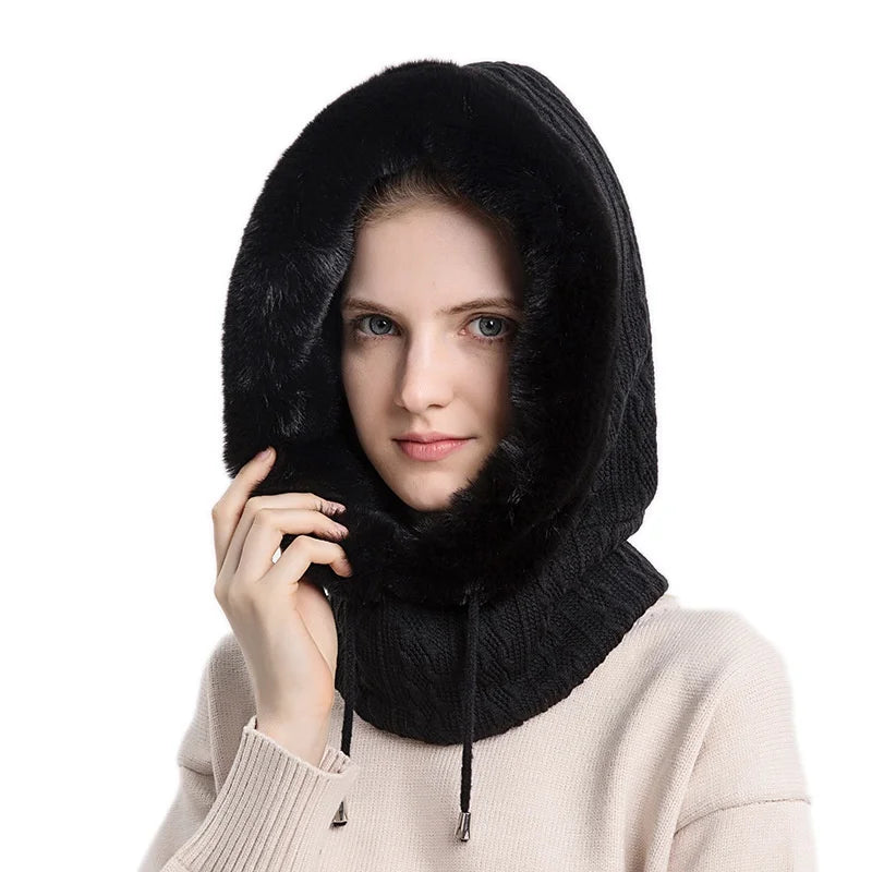 Amelia Fit Hooded Neck Warmer | Cable Knit Fur Trim Neck Warmer