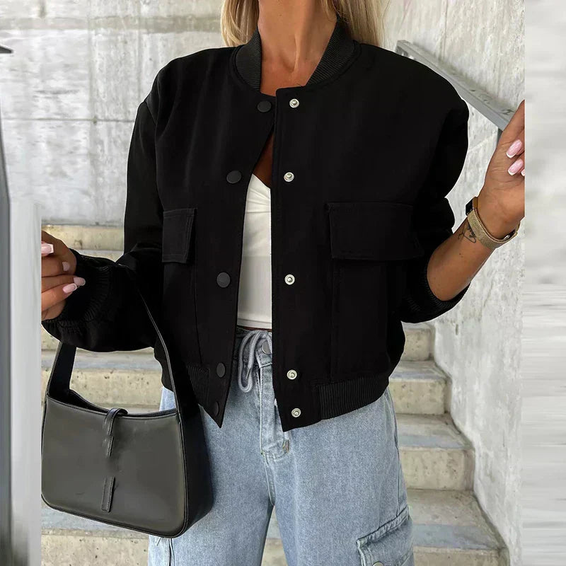 Women’s Bomber Jacket – Cropped Length – Relaxed Fit – Ribbed Trim – Snap Closure