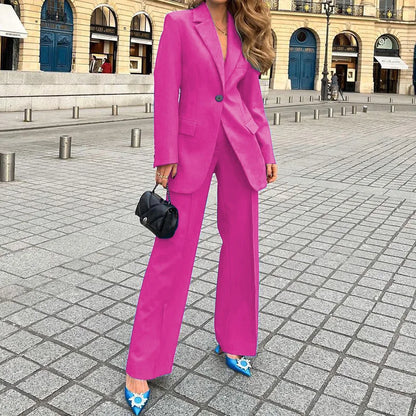 Women's lapel one-button closure blazer and pants 2-piece outfit set