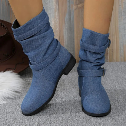 Women's denim buckle ankle boots