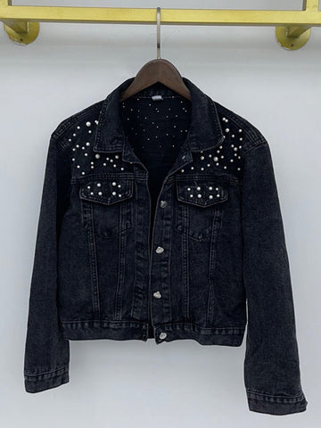 Women denim jacket with bead accents