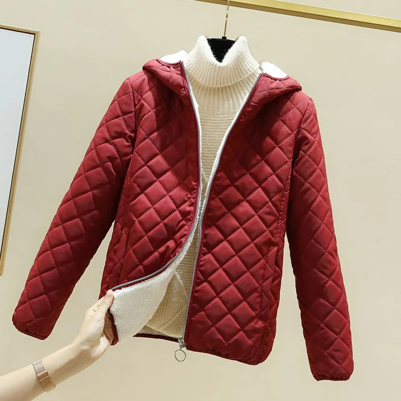 Women’s Quilted Hooded Jacket - Fleece Lined - Diamond Stitch - Zipper Front Closure