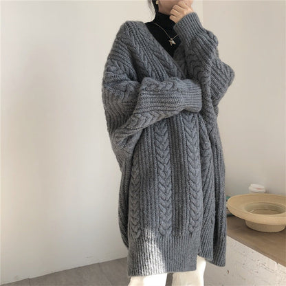 Women's autumn winter thick loose cable knit cardigan mid-length