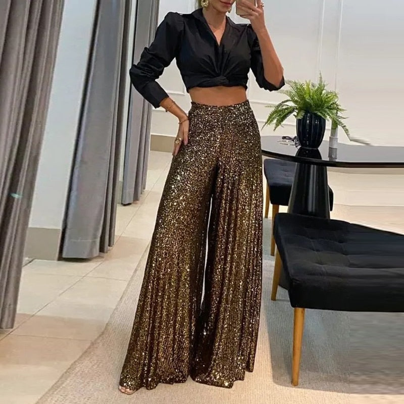 Women’s Wide-Leg Sequin Pants – High-Waisted – Glamorous Fit – Evening Party Wear