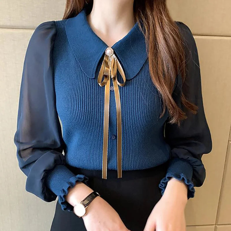 Ribbed Knit Puff Sleeve Blouse With Bow