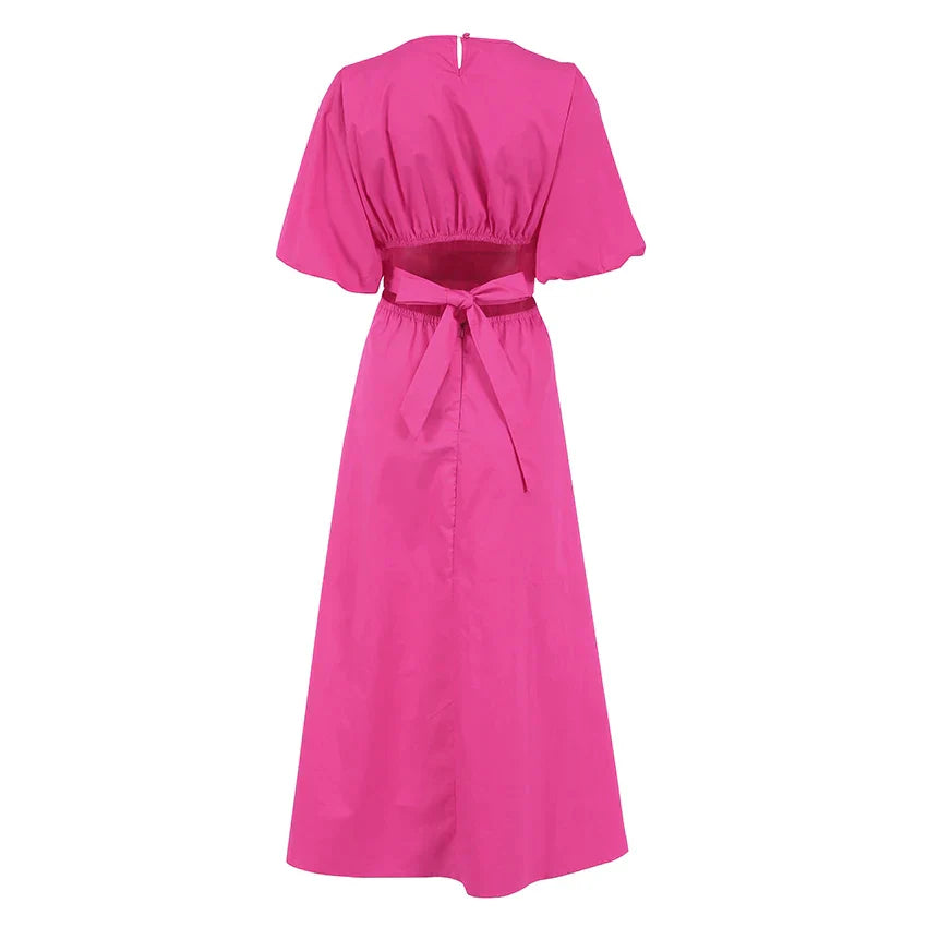 Women's Midi Dress - Puff Sleeve - Cut-Out Waist - A-Line Flowy Silhouette