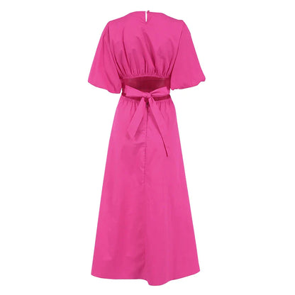 Women's Midi Dress - Puff Sleeve - Cut-Out Waist - A-Line Flowy Silhouette