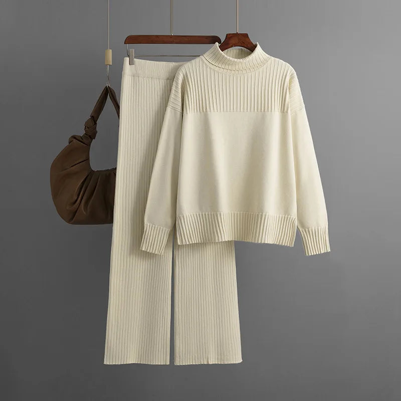 Women's casual knitted high neck loose sweater and pants two-piece set