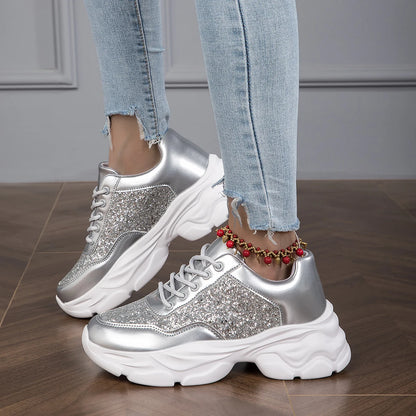 Women's Sneakers - Chunky Sole - Glitter Panel - Lace-Up Fashion Casual Shoes